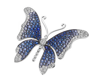 White gold brooch with diamonds and sapphires - butterfly - fineness 18 K