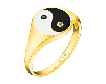 9 K Rhodium-Plated Yellow Gold Signet Ring  - 0,01 ct - fineness 9 K