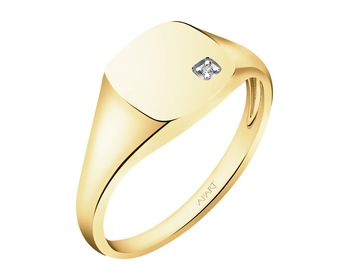 14 K Rhodium-Plated Yellow Gold Signet Ring with Diamond - 0,004 ct - fineness 14 K
