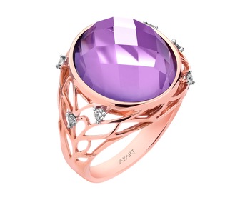 14 K Rhodium Plated Rose Gold Ring with Diamonds - fineness 14 K