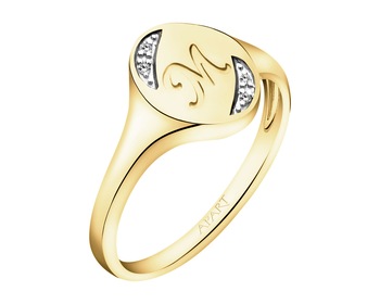 9 K Rhodium-Plated Yellow Gold Signet Ring with Diamonds - 0,01 ct - fineness 9 K