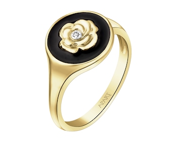 9 K Rhodium-Plated Yellow Gold Signet Ring with Diamond - 0,004 ct - fineness 9 K