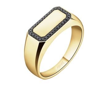 585 Yellow Gold Ruthenium-Plated Signet Ring with Black Diamond, Treateds - 0,13 ct - fineness 585