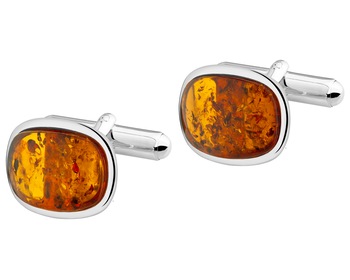 Rhodium Plated Silver Cufflink with Amber