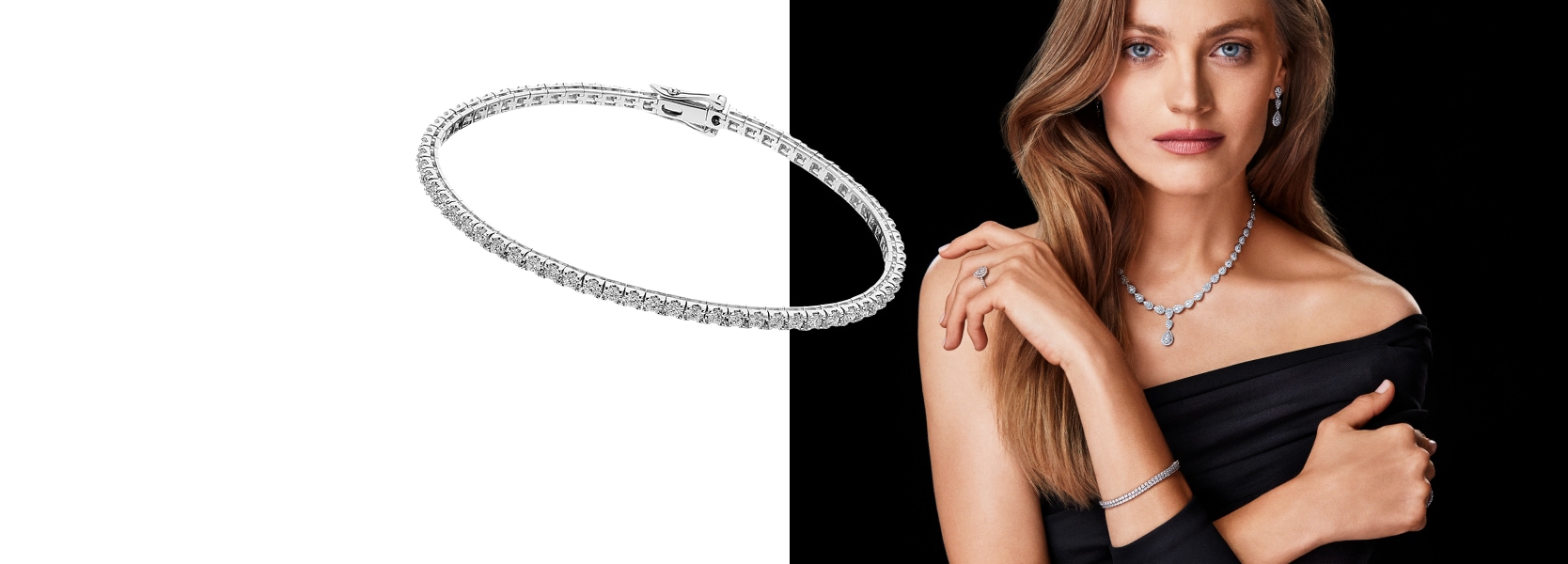 A model presenting white gold jewelry with diamonds - a bracelet, necklace, earrings, and rings