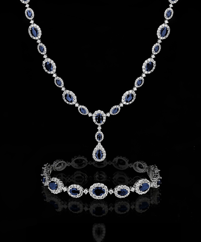 White gold jewelry with diamonds and sapphires