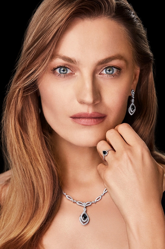 White gold jewelry with diamonds and sapphires