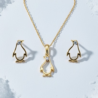 Yellow gold pendant and earrings with diamond - penguin