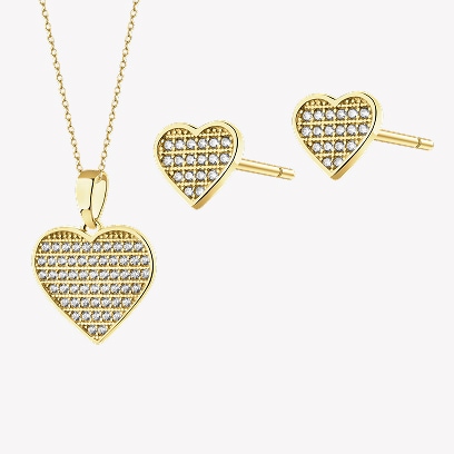 Gold earrings and a heart-shaped pendant
