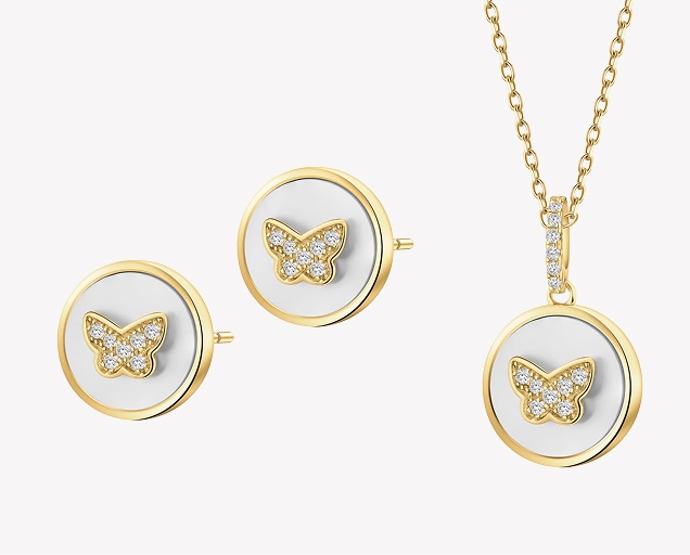 Gold-plated brass earrings and necklace with zircons and mother-of-pearl - set - butterflies