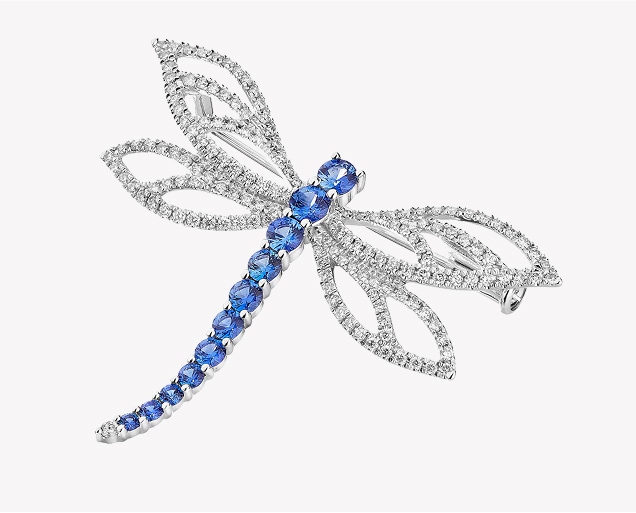 White gold brooch with diamonds and Ceylon sapphires - dragonfly