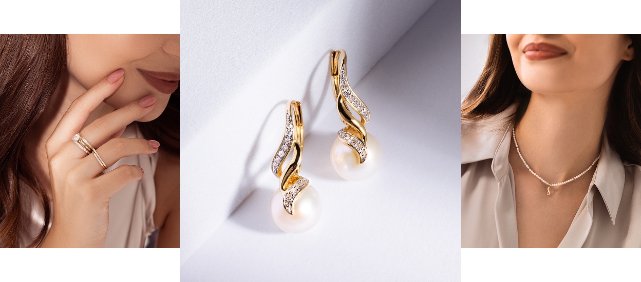 model showing gold rings with zircons, necklace and earrings with pearls